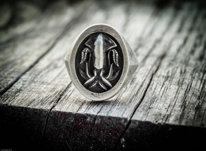 Anello calamaro argento ossidato silver sterling squid fish skull oxidized ring chevalier collection " Cheva "