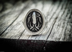 Anello calamaro argento ossidato silver sterling squid fish skull oxidized ring chevalier collection " Cheva "